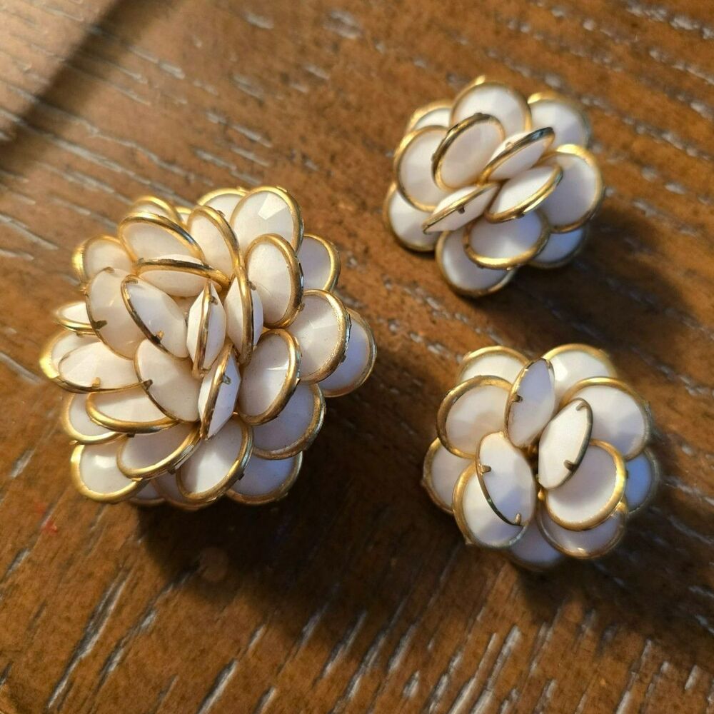 Vintage 60's Flower Brooch and Clip Earring Set